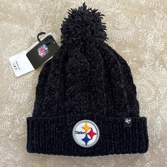 47 Accessories - Brand New 47 Brand NFL Steelers Football Black Chenille Knit Cuffed Pom Hat